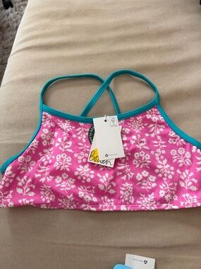 Mini Boden Pink Floral Crop Swim Top with Teal Trim